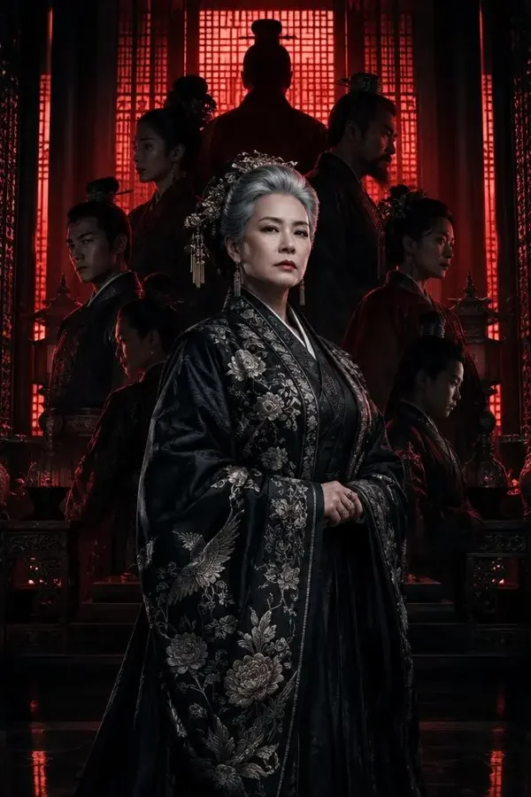 黄豆短剧《我成全嫡孙抗旨退婚，他却慌了》竖版海报，银发老太君与侯府家族身影